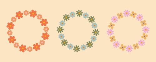 Groovy isolated flower circle frame set. Floral circle frame. Hand drawn simple botanical round border, laurel, wreath with flowers. illustration for wedding invitation, card, logo. vector
