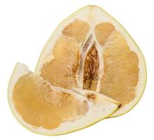 A fresh, juicy slice of pomelo fruit with visible pulp and peel. Citrus fruit section on isolated background photo