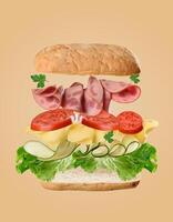 Floating sandwich ingredients bread, tomato slices, parsley, ham, cheese, and cucumber arranged in layers, beige background. photo