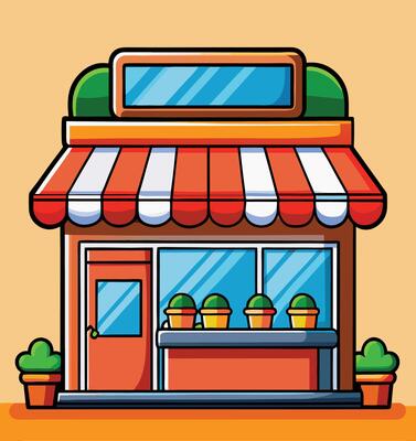 Cute Cartoon Storefront Illustration With Awning And Potted Plants