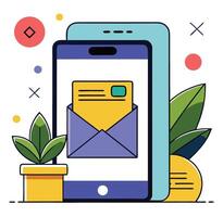 New Email Notification On Mobile Phone With Colorful Abstract Elements And Potted Plant vector