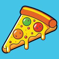 Cartoon Style Pizza Slice With Colorful Toppings On A Blue Background vector