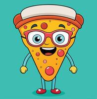 Cartoon Pizza Slice Character With Glasses And Hat Illustration Design vector