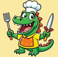 Cartoon Alligator Chef Ready To Cook Holds Fork And Knife Illustration vector