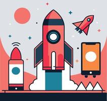 Startup Technology Concept Featuring Rockets Mobile Devices And Creative Space Design vector