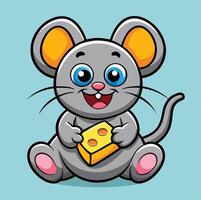 Cheerful Cartoon Mouse Character Holding Cheese On Light Blue Background Illustration vector