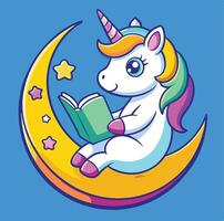 Cartoon Unicorn Reading A Book On The Moon With Stars Illustration vector