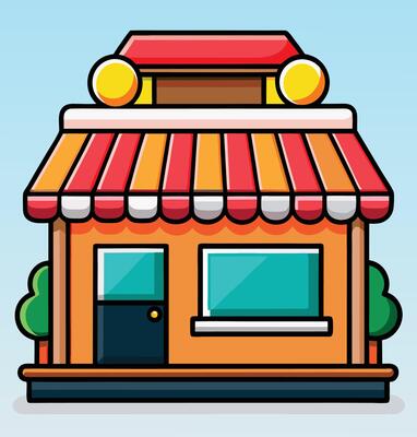 Cartoon Storefront Illustration With Striped Awning And Plants Design