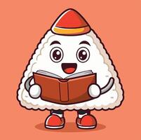 Adorable Onigiri Character Reads A Book With Joyful Expression And Delight vector