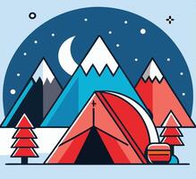 Camping Adventure At Night Flat Illustration With Tent And Mountains vector