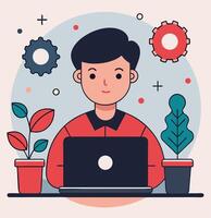 Man Working On Laptop Surrounded By Plants And Gears Illustration vector