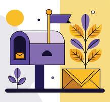 Stylized Mailbox With Flag And Envelope Featuring Geometric Plant Design Elements vector