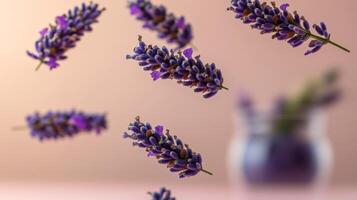 Vase filled with purple flowers, including lavender, and a few purple flowers floating in the air. The flowers are scattered in various directions, creating a sense of movement and liveliness photo