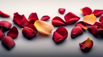 Close up of red and yellow rose petals. The red petals are scattered across the white background, while the yellow petals are more concentrated in the center. Concept of beauty and delicacy photo