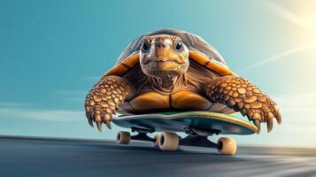 Turtle is riding a skateboard. The turtle is moving fast photo