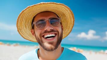 Man wearing a straw hat and sunglasses is smiling at the camera. He is wearing a blue shirt and he is enjoying his time at the beach photo