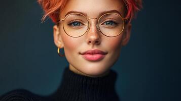Woman with red hair and glasses is smiling. She is wearing a black sweater and glasses. warm and friendly mood photo