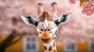 Giraffe is looking at the camera with its mouth open. The image has a playful and lighthearted mood, as the giraffe appears to be smiling and making a silly face photo