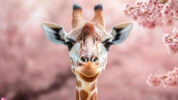 Giraffe with its head turned to the side and its mouth open. The giraffe is looking at the camera and he is smiling. The background features pink flowers, which adds a touch of color photo