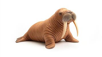 Walrus is standing on a white background. The walrus has a large tusk and a long snout photo