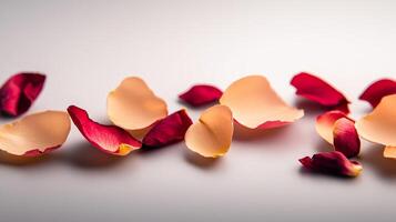 Close up of red and orange petals of a flower. The petals are scattered on a white background photo