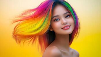 Woman with rainbow colored hair is smiling looking at the camera. The image has a bright and cheerful mood, with the colorful hair and the woman's smile conveying a sense of happiness photo