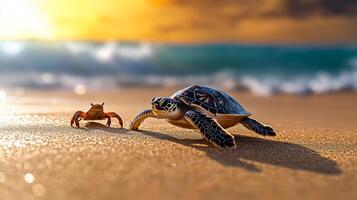 Baby turtle is on the beach next to a crab. The scene is peaceful and serene, with the sun setting in the background photo