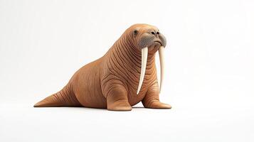 Walrus with tusks stands on a white background. The walrus is the main focus of the image, and its tusks are prominent. Concept of strength and power photo