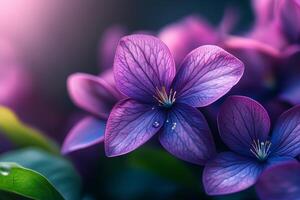 Close up of a purple flower with drop of water on it. The flower is surrounded by green leaves photo