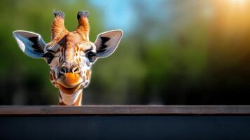 Giraffe is looking at the camera with its mouth open. The giraffe is smiling and he is happy photo
