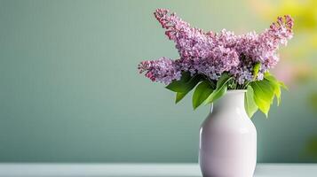 Vase of purple flowers sits on a table. The flowers are in full bloom and the vase is white. Concept of freshness and beauty, as the flowers are vibrant and healthy photo