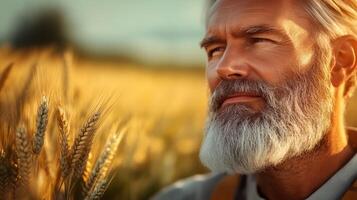 Man with a beard and a mustache is standing in a field of wheat. He looks at the camera with a serious expression photo