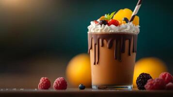 Glass of chocolate milk with whipped cream and fruit on the side. Concept of indulgence and relaxation, as the drink is a sweet treat that can be enjoyed in a casual setting photo