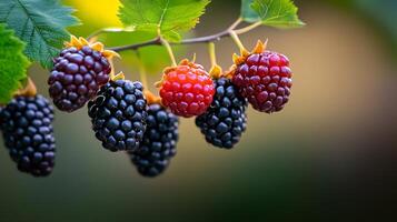 Bunch of black and red raspberries hanging from a tree. The black berries are larger than the red ones photo