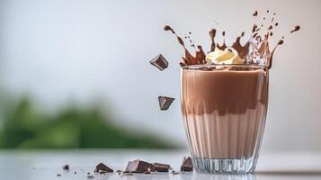 Glass of chocolate milk with whipped cream and chocolate shavings on top. Concept of indulgence and enjoyment, as the whipped cream and chocolate shavings add a touch of luxury to the drink photo