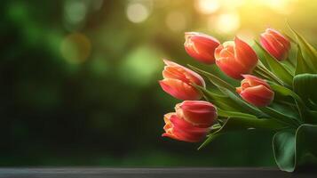 Bouquet of red tulips displayed on wooden table. The flowers are arranged in a way that they are all facing the same direction, creating a sense of harmony and balance photo
