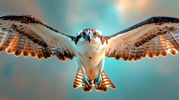 Bird with a yellow beak is flying in the sky. The bird is white and brown in color photo