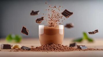 Glass of chocolate milk with chocolate powder on the table. Concept of indulgence and enjoyment, as the chocolate powder is falling into the glass, creating a visually appealing and tempting scene photo