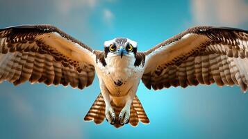 Bird with a yellow beak is flying in the sky. The bird is brown and white in color photo