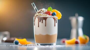 Delicious dessert with a cherry on top and a straw in the middle of the glass. The cherry is placed on top of the ice cream, and the straw is positioned in the center of the glass photo