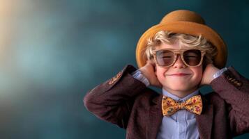 Young boy wearing a hat and glasses is smiling and listening to music. Concept of fun and playfulness, as the boy is dressed up in a suit and tie and is enjoying himself photo