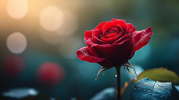 rojo Rosa es el principal atención de el imagen, con un azul antecedentes y un pocos otro flores en el antecedentes. el Rosa es el más prominente y hermosa flor en el imagen foto