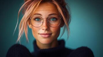 Woman with red hair glasses is smiling. She is wearing a black sweater and glasses. The image has a warm and friendly mood photo