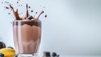 Glass of chocolate milk with a splash of chocolate on the side. Concept of indulgence and enjoyment, as the chocolate milk is a delicious treat photo