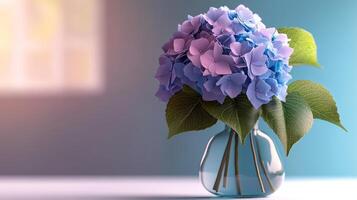 Beautiful bouquet of blue and purple flowers is displayed in a clear vase on a table. The flowers are arranged in a way that highlights their vibrant colors and delicate petals photo