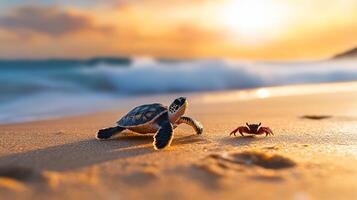 Baby turtle is walking on beach next to a crab. The scene is peaceful and serene, with the sun setting in the background photo