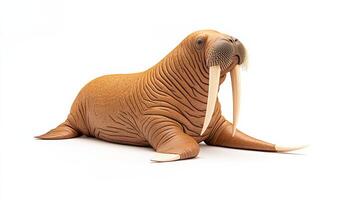 Walrus is laying on its side with its mouth open. The walrus has a large tusk sticking out of its mouth photo