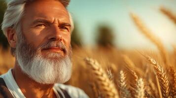 Man with a beard and gray hair is standing in a field of wheat. He is smiling and looking at the camera photo