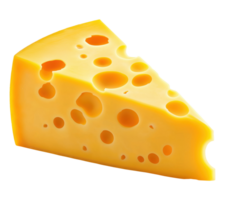 Classic triangular piece of cheese with many holes, isolated on a transparent background png