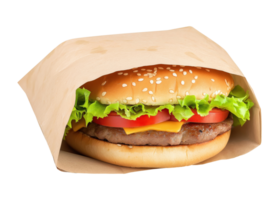 Cheeseburger in paper food bag isolated on transparent background png